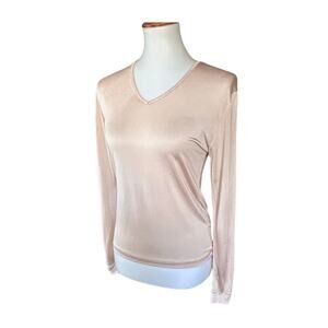 Mary Green Silk V-Neck Long Sleeve Top Nude Beige Size M
